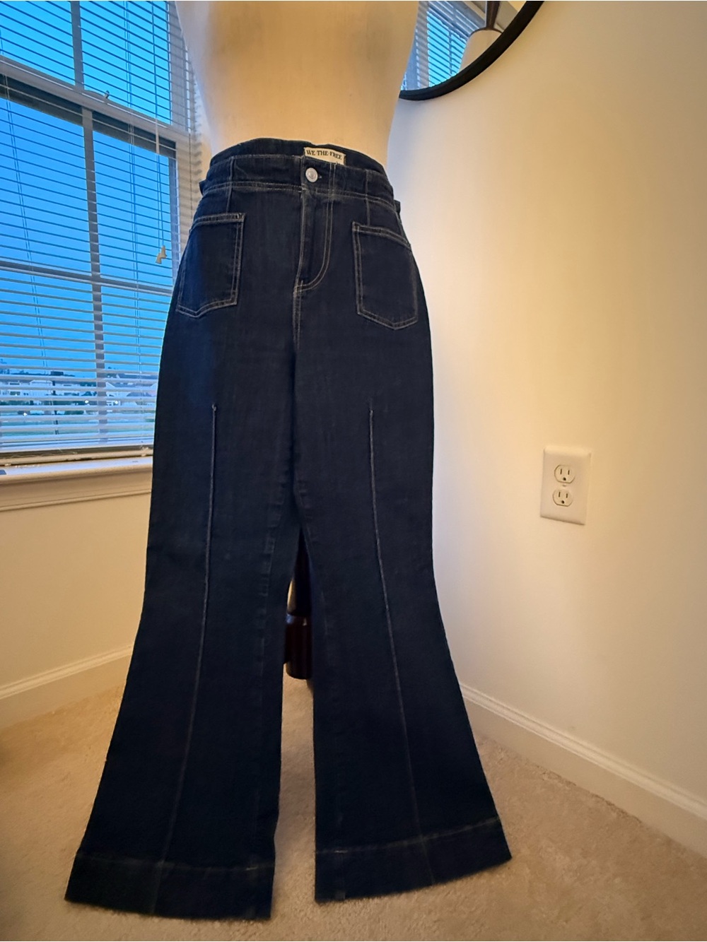 Free People Dark Indigo Flared Leg Jeans with Front Patch Pockets